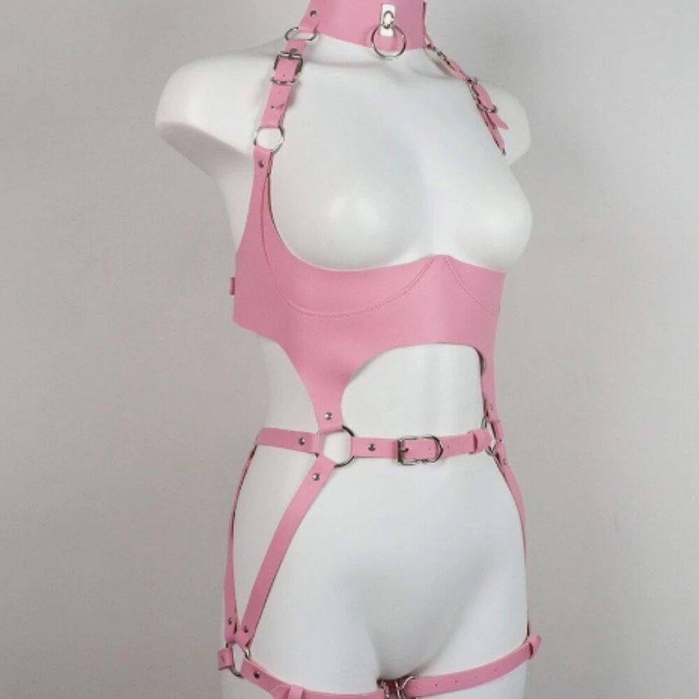 Pink PU Leather Bodysuit Harness Set
